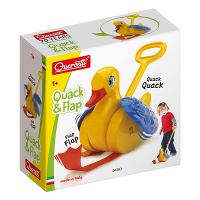 Quercetti Quack and Flap Duck Push Toy - Makes Sounds and Flaps Wings as it Rolls, Helps Toddlers Learn First Steps and Promotes Walking, for Kids Ages 1 - 3 Years , Yellow