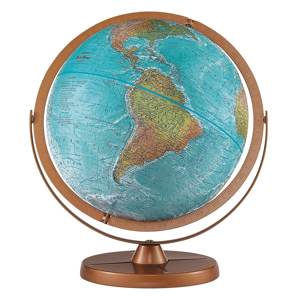 Atlantis 12" Diameter Globe, USA Cartography with Ocean and Mountain Relief and Sturdy Metal Base. True to its name, Atlantis features more ocean details than any other Replogle Globe. Brightly colored blue oceans show undersea physical features repr