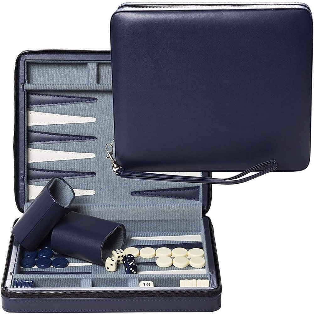 WE Games Backgammon Set, Board Games for Adults - Travel Games - Magnetic with Navy Blue Leatherette Backgammon Board and Carrying Strap - Travel Backgammon Sets for Adults