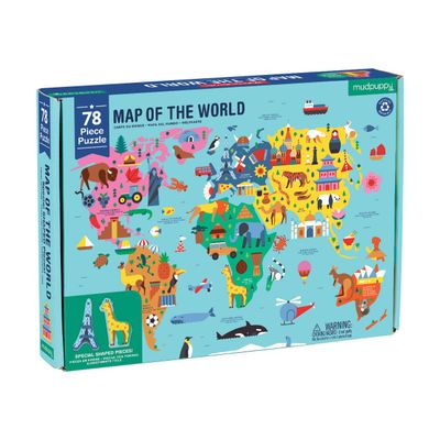 Mudpuppy Map of The World 78 Piece Geography Puzzle with Special Shaped Pieces and Iconic Landscapes Cultural Items and More