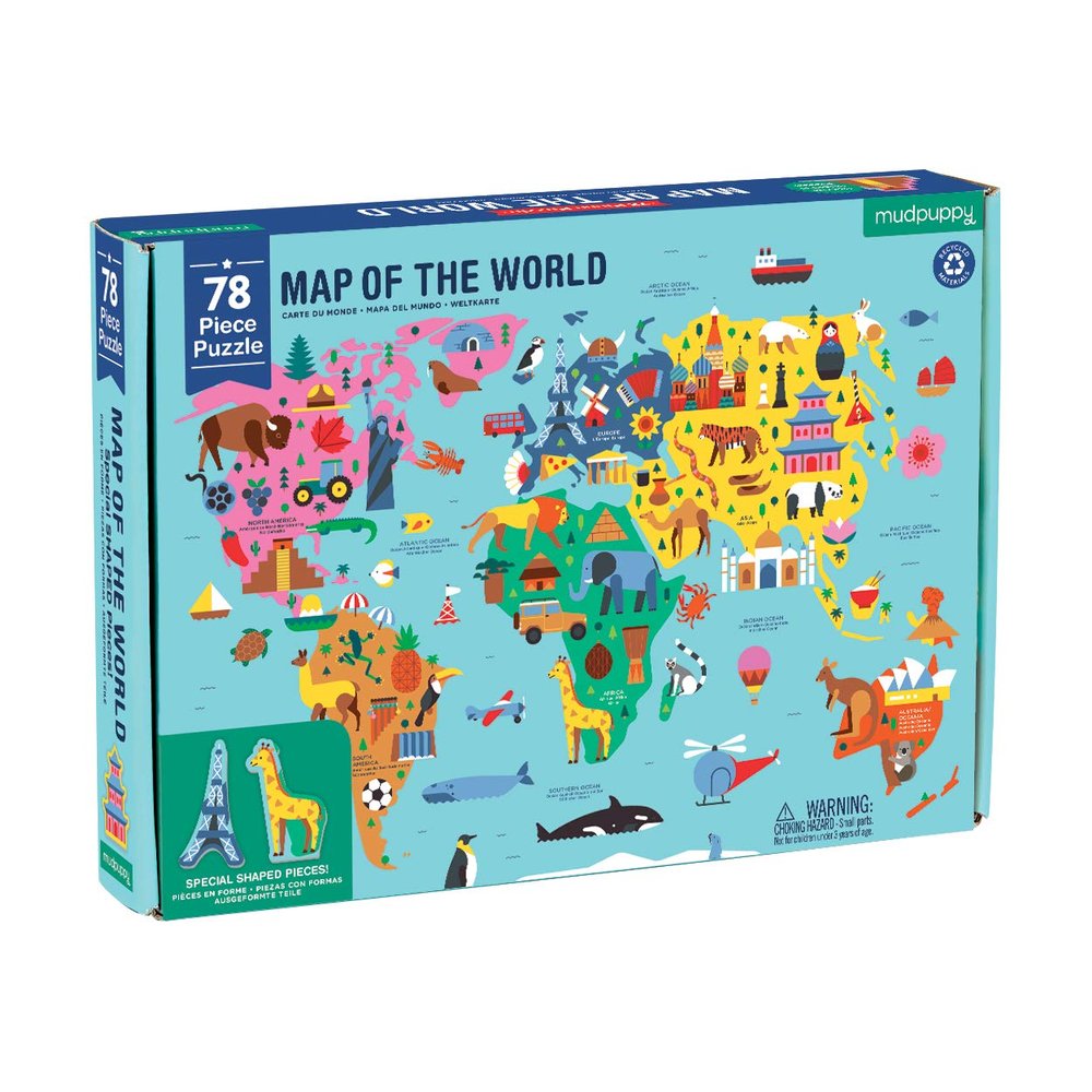 Mudpuppy Map of The World  78 Piece Geography Puzzle with Special Shaped Pieces and Iconic Landscapes Cultural Items and More