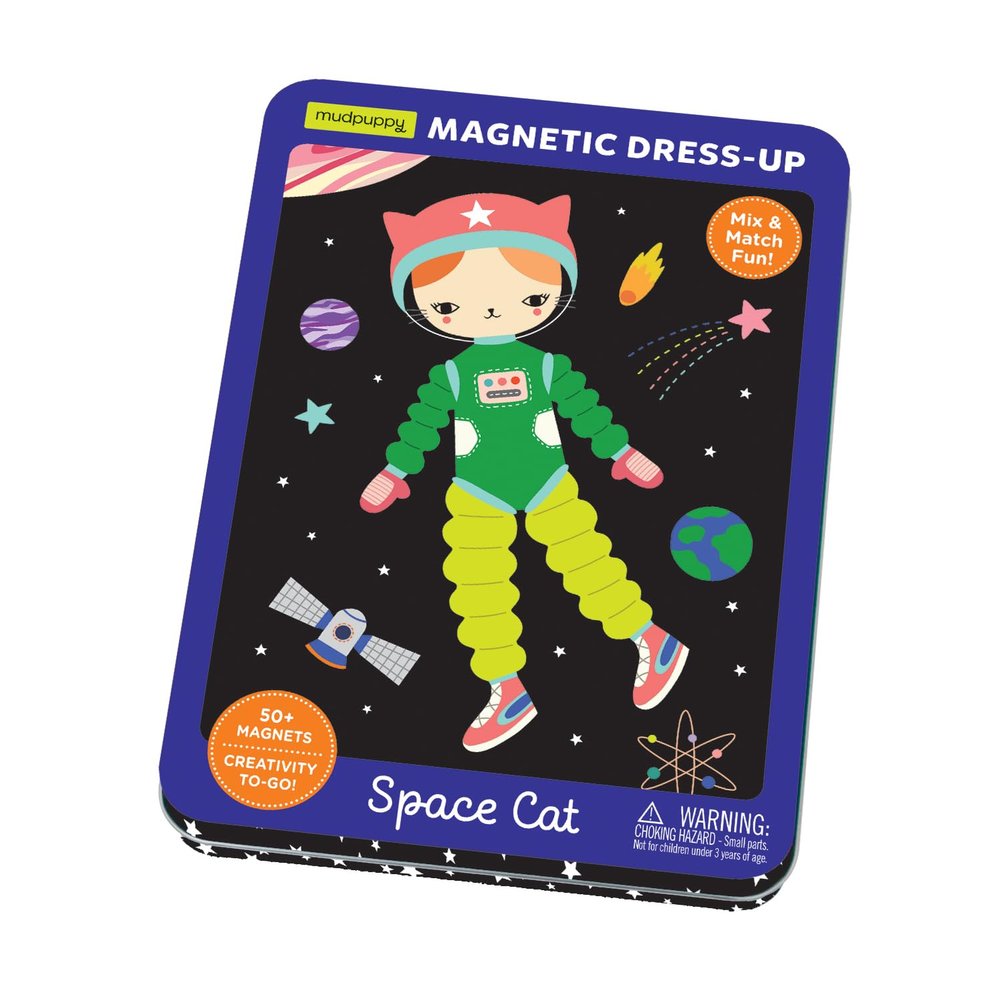 Mudpuppy Space Cat Magnetic Tin Includes 3 Sheet of Mix & Match Dress Up Magnets and 2 Background Scenes Toy Magnets for Kids with Hinged Storage Tin Great Travel Activity for Kids and Toddlers
