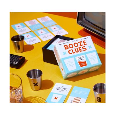 Brass Monkey Booze Clues Drinking Game Set from Includes 100 Game Cards, 4 Stainless Steel Shot Glasses and Game Instructions, Perfect for Game Night!