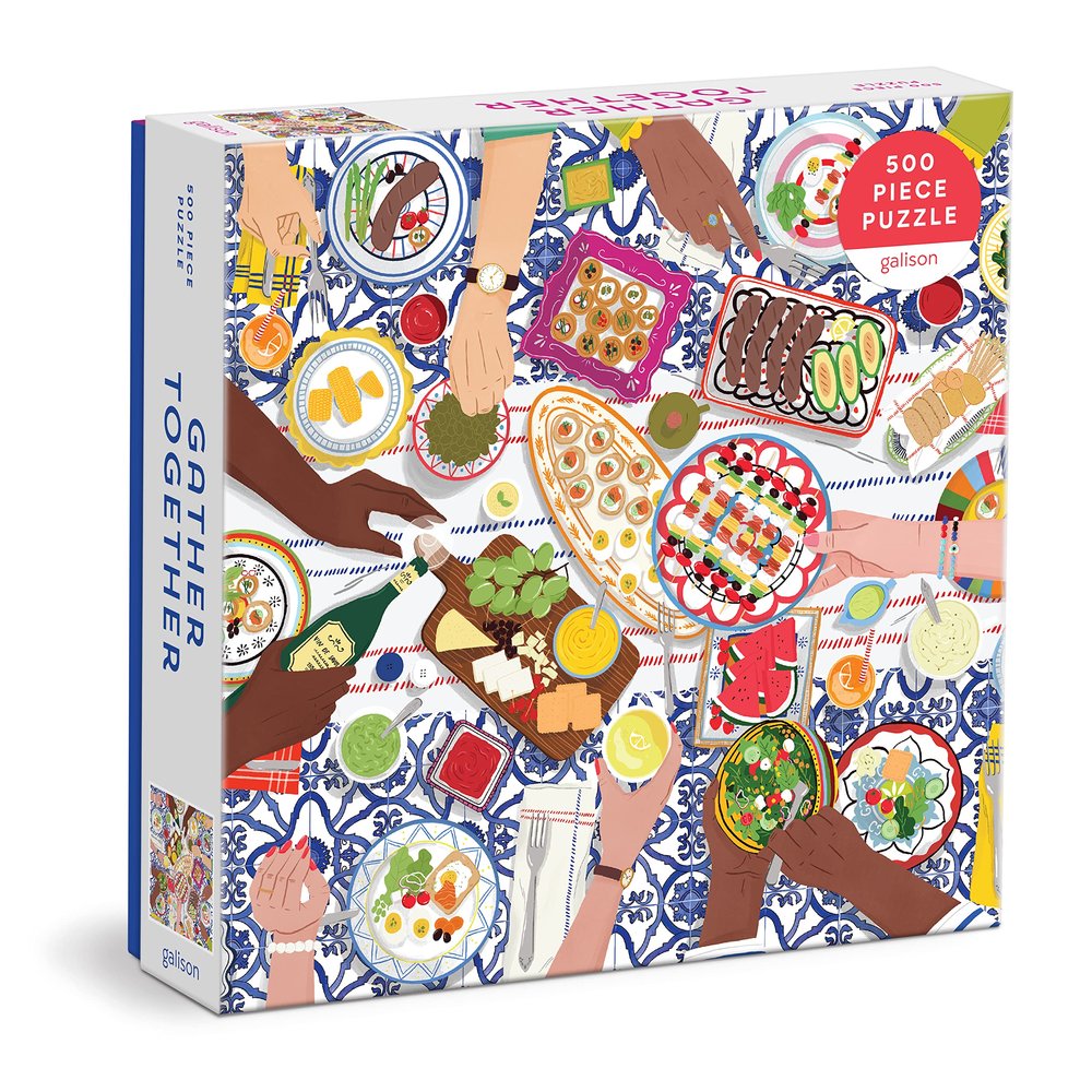 Galison Gather Together 500 Piece Puzzle Fun and Challenging Activity with Bright and Bold Artwork of Mediterranean Vignette of Friends and Family for Adults and Families