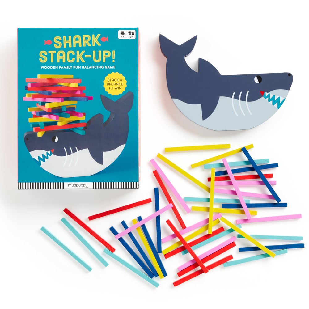 Mudpuppy Shark Stack Up  Shark Themed Wooden Balancing Game for Motor Skill and Dexterity Building for Children Ages 4 and Up, 2+ Players