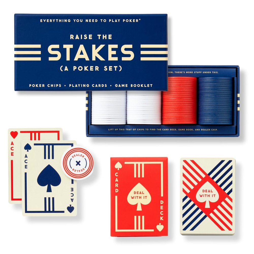 Brass Monkey Raise The Stakes  Classic Poker Starter Game Set with 100 Poker Chips Dealer Marker and Designed Deck of Cards, Suitable for 2+ Players, Great for Beginners!