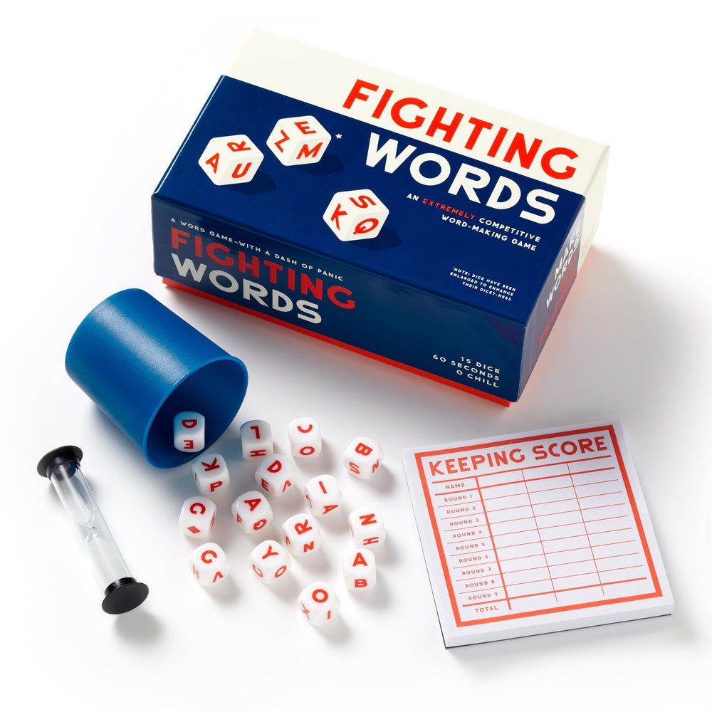 Brass Monkey Fighting Words  Fast Paced Word Making Dice Game Includes Sand Timer 15 Six-Sided Dice and Dice Cup, 2+ Players