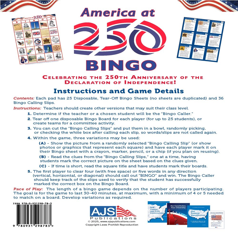 America at 250 Bingo, Celebrating The Declaration of Independence!