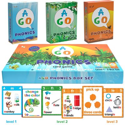 AGO Phonics Card Game (3 Level Box Set). Build Reading Skills, Learn Words and Phonics Sounds While Playing a Fun Card Game! 3 x Playing Card Decks in a Magnetic Box
