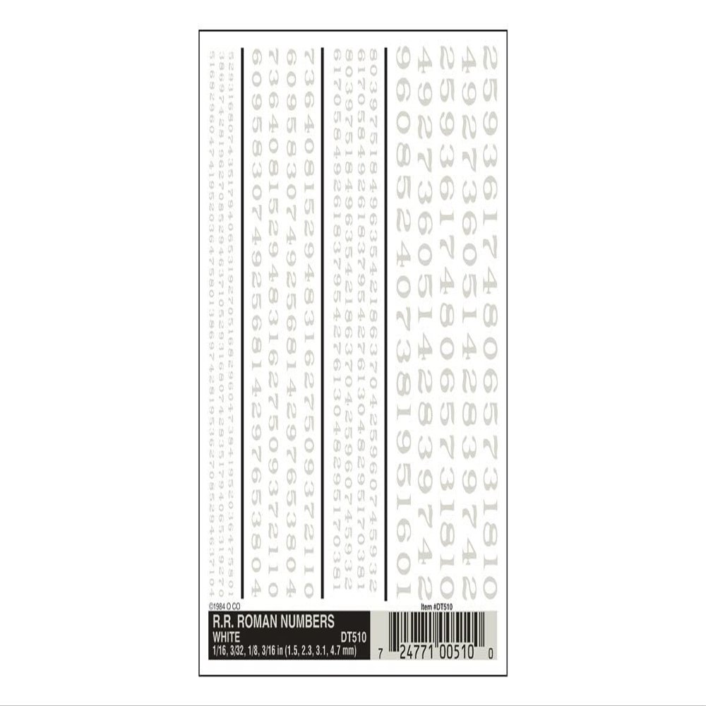 R.R. Roman Nos. white Dry Transfer Decals Woodland Scenics