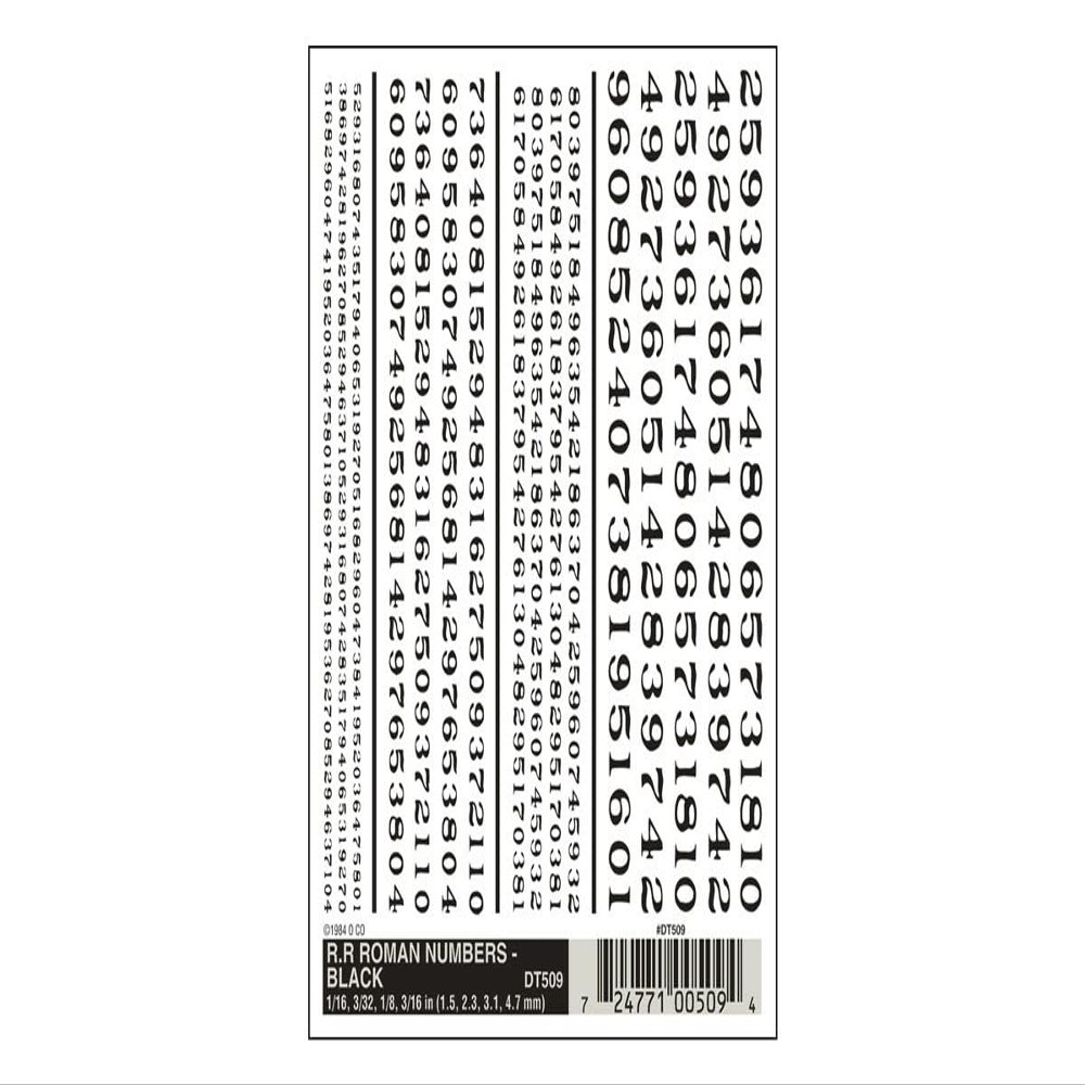 Woodland Scenics R.R. Roman Nos. Black Dry Transfer Decals