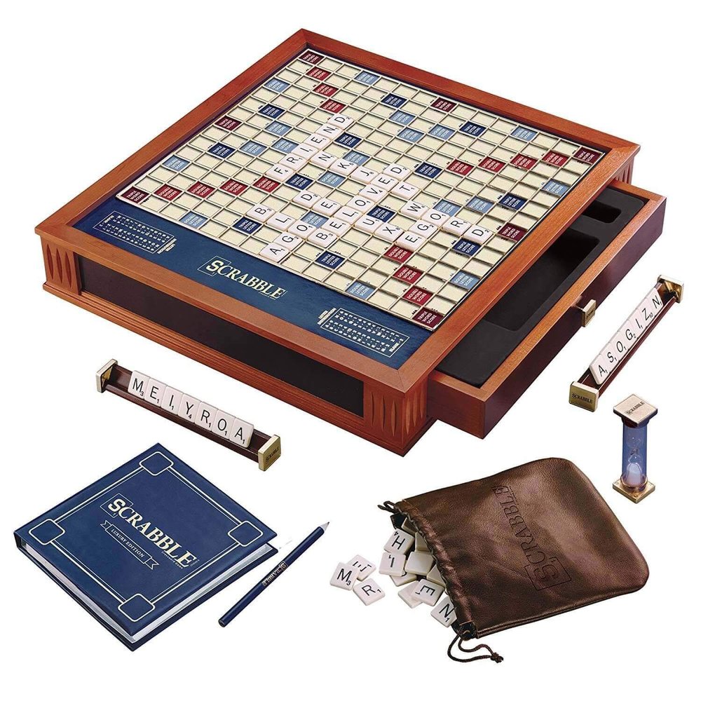 Scrabble Trophy Edition by WS Game Company | Deluxe Rotating Wooden Game Cabinet with Integrated Storage, Raised Letter Tile Grid, and Faux-Ivory Tiles | Premium Collector's Game Set for 2-4 Players