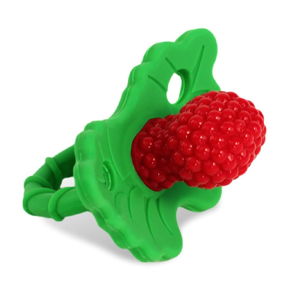 RaZbaby RaZberry Silicone Teether Pacifier Teething Relief for Infants, Food-Grade, BPA-Free, Hands-Free Design, Natural Berrybumps Fruit Texture for Sensory Development, Freezable Red