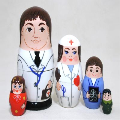 Golden Cockerel Russian Stacking Doctor Doll 5pc./5" Nurse Babushka Wooden Matryoshka Nesting Doll