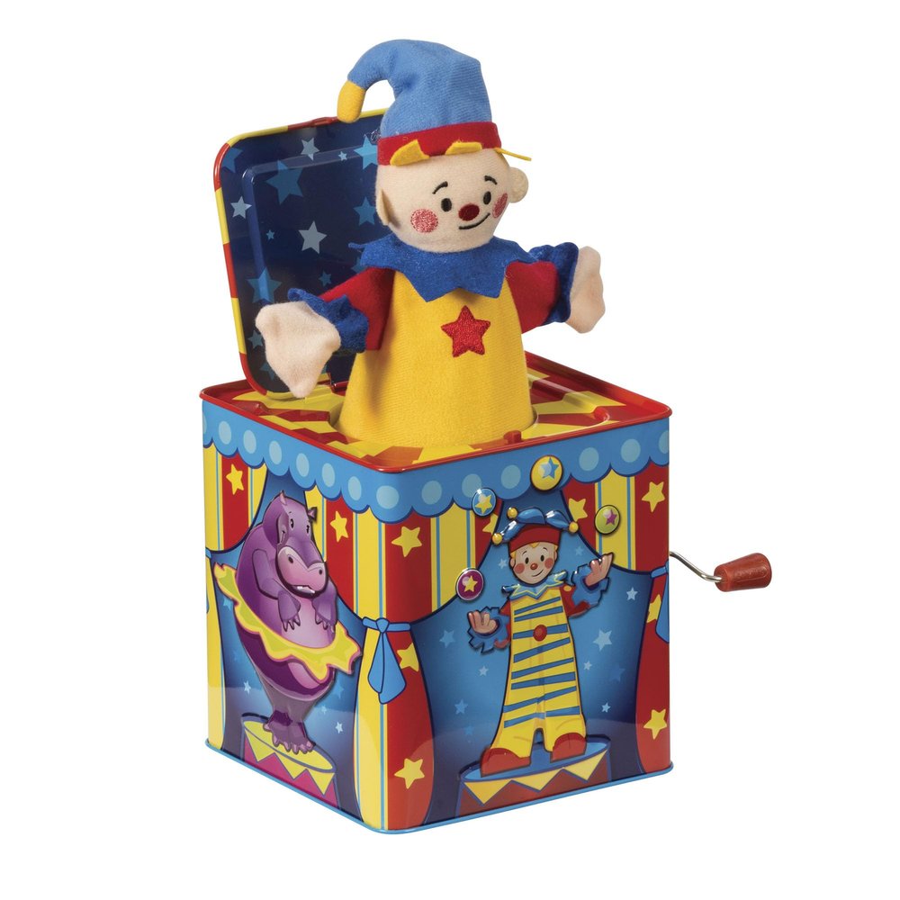 Schylling Silly Circus Jack in the Box - Classic Children's Musical Toy - Colorful Embossed Tin Box and Friendly Plush - Age 18 months and Up