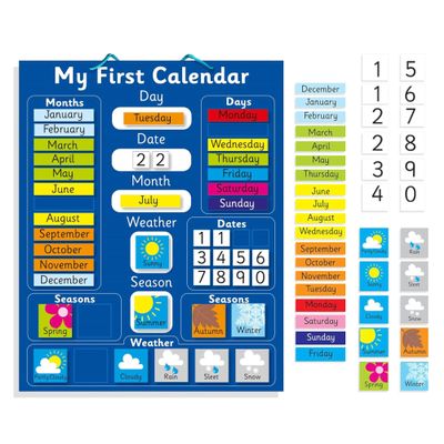 Fridge Magic Interactive Children's Magnetic Learning Calendar - Blue- Fun Educational Tool for Time, Seasons, and Weather Awareness - 40x32 cm with Easy Hang Loop