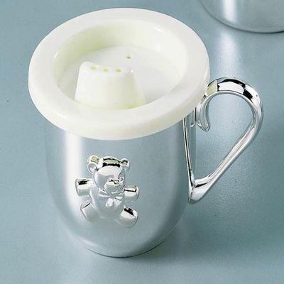 Creative Gifts International Silverplated Baby's First Sippy Cup With Handle And Sippy Lid Insert, 5 oz Capacity, Teddy Bear Emblem, Gift Box Included