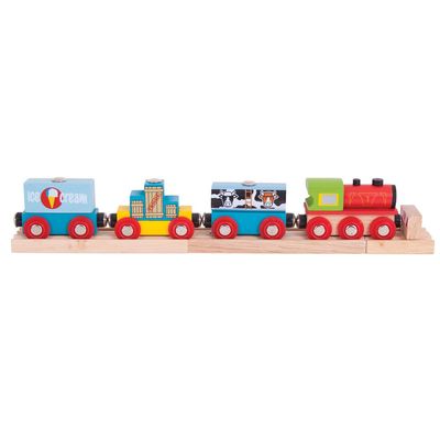 Bigjigs Rail Wooden Goods Train Toy - Train with 3 Carriages & Removable Freight, Comes with 2 Wooden Train Track Pieces & a Buffer, Compatible with Most Wooden Train Sets