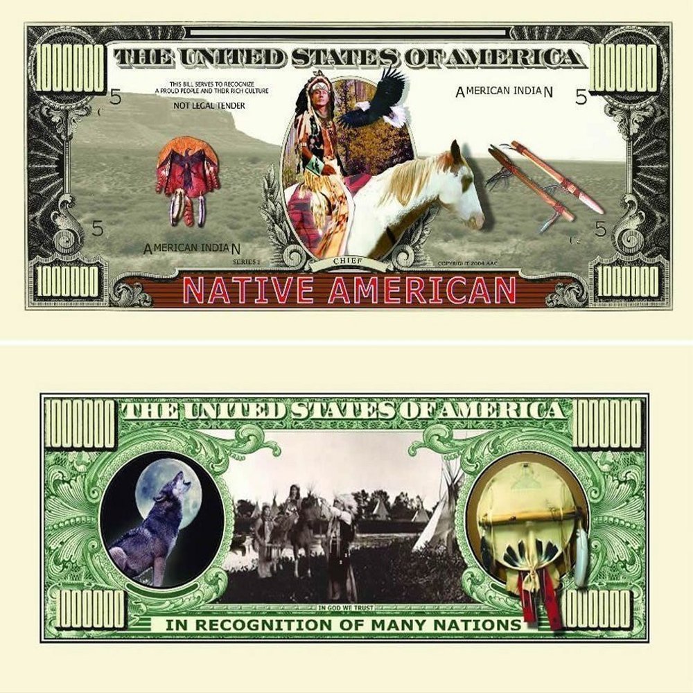50 Native American Million Dollar Bills with Bonus Thanks a Million Gift Card Set