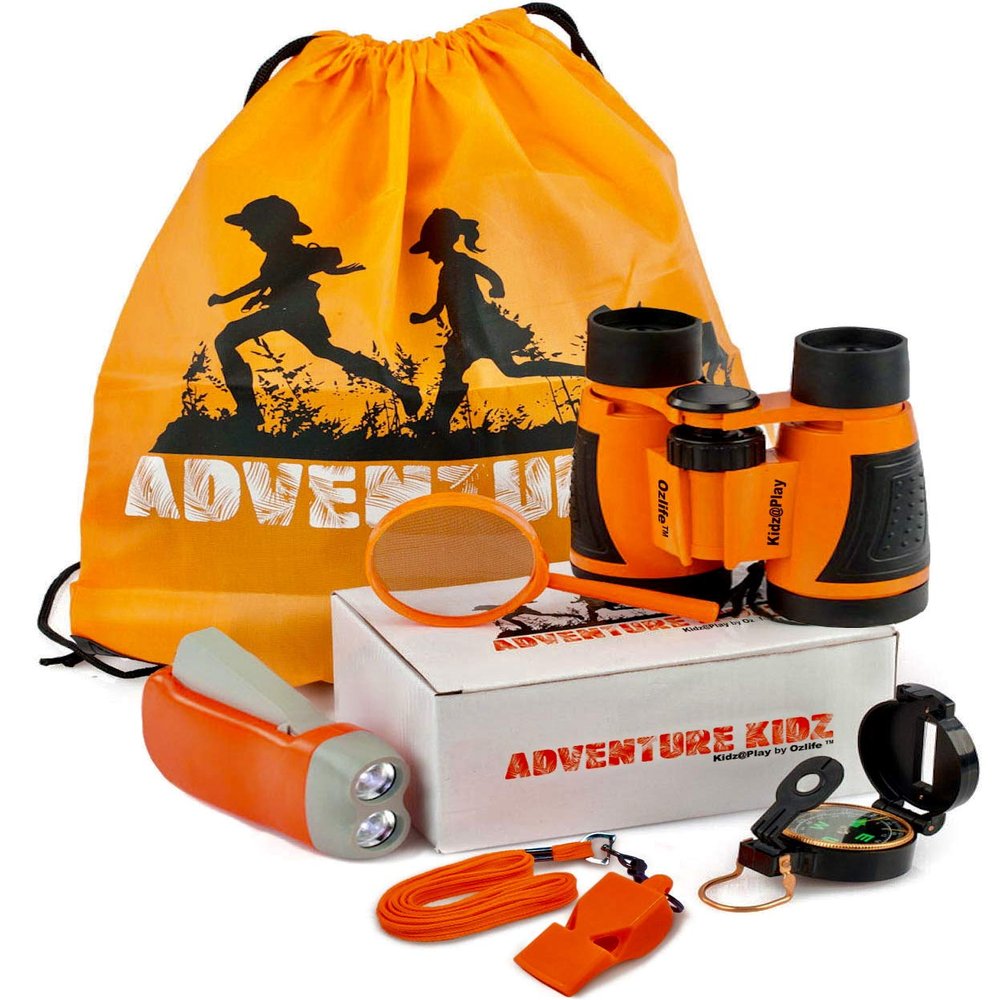 Adventure Kidz Outdoor Exploration Kit, Childrens Binoculars, Flashlight, Compass, Fox Whistle, Magnifying Glass, Backpack. Great Gift Set for STEM, Pretend Play