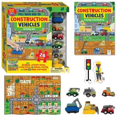 Hinkler Pull-back-and-go: Construction - 28-piece Floor Puzzle - Play Mat - Coloring and Activity Book - 6 Pull and Go Cars - Activity Set for Kids Aged 3 to 6