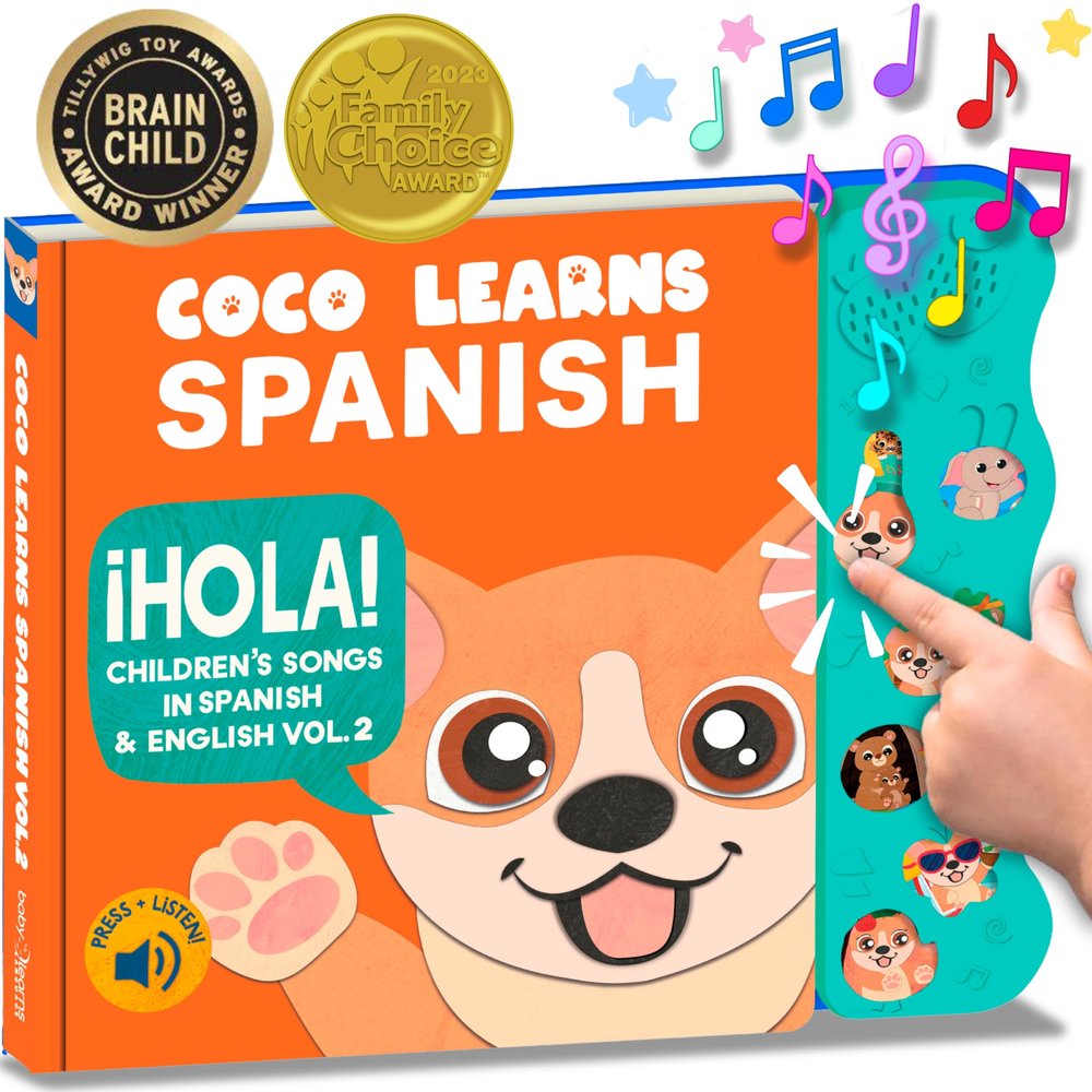 Coco Learns Spanish: Musical Spanish Books for Kids 1-3, Spanish English Toys for Babies & Toddlers 1-3, Baby & Toddler Spanish Books, Bilingual Learning Toys 1 Year Old, Libros Infantiles en Espaol