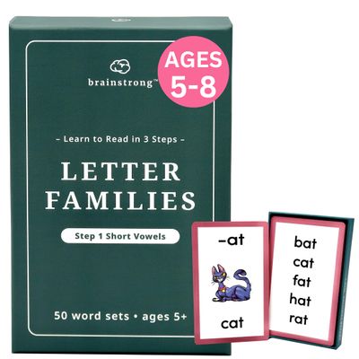 250 Phonics Words - Step 1 - Short Vowels | Learn to Read Kinder/1st Grade | Ages 5-7 | Brainstrong Letter Families Premium 50 Flashcards