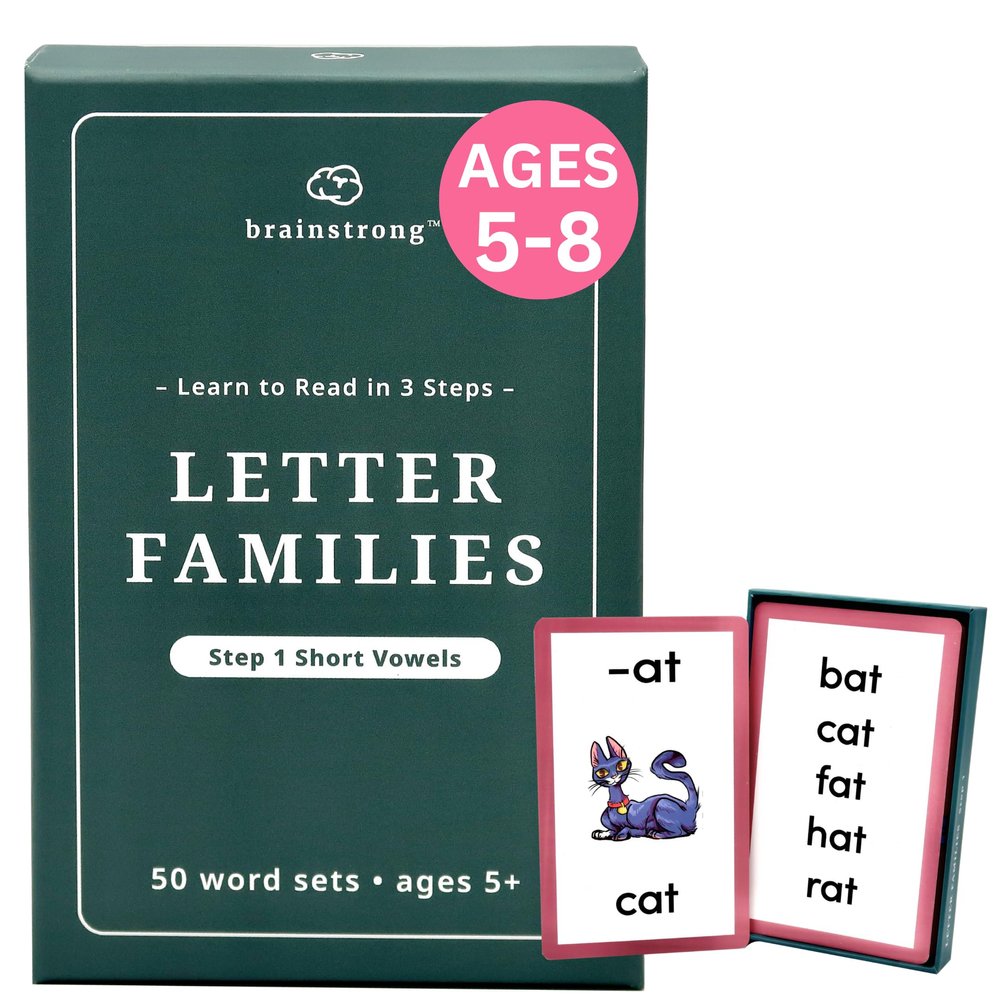 250 Phonics Words - Step 1 - Short Vowels | Learn to Read Kinder/1st Grade | Ages 5-7 | Brainstrong Letter Families Premium 50 Flashcards