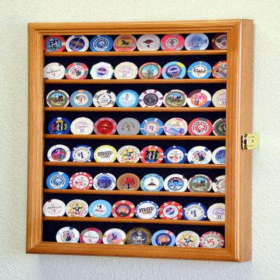64 Casino Chip Coin Display Case Cabinet Chips Holder Wall Rack 98% UV Lockable -Oak