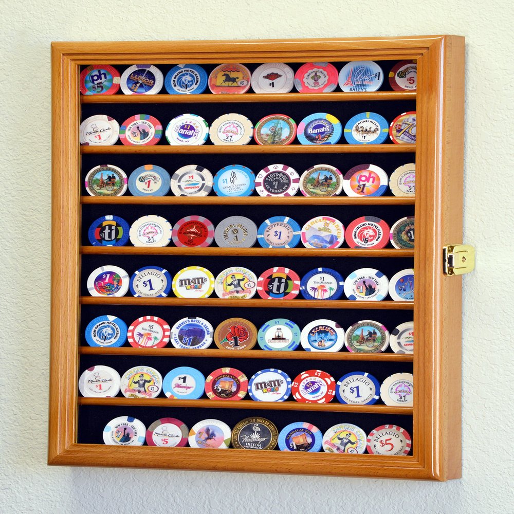 64 Casino Chip Coin Display Case Cabinet Chips Holder Wall Rack 98% UV Lockable -Oak