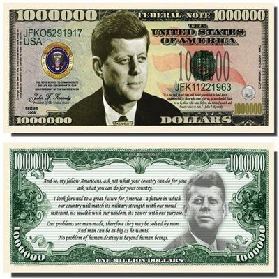 5 John F. Kennedy Million Dollar Bills with Bonus Thanks a Million Gift Card Set