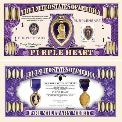 10 Purple Heart One Million Dollar Bills with Bonus Thanks a Million Gift Card Set