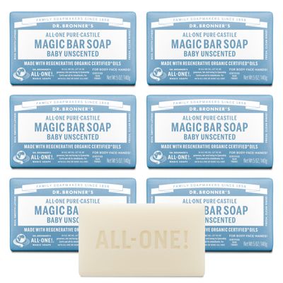 Dr. Bronner's Pure-Castile Magic Bar Soap (Baby Unscented, 5 oz, 6-Pack) - Made with Regenerative Organic Certified Oils, For Face, Body & Hair, Gentle for Sensitive Skin - Vegan, Non-GMO