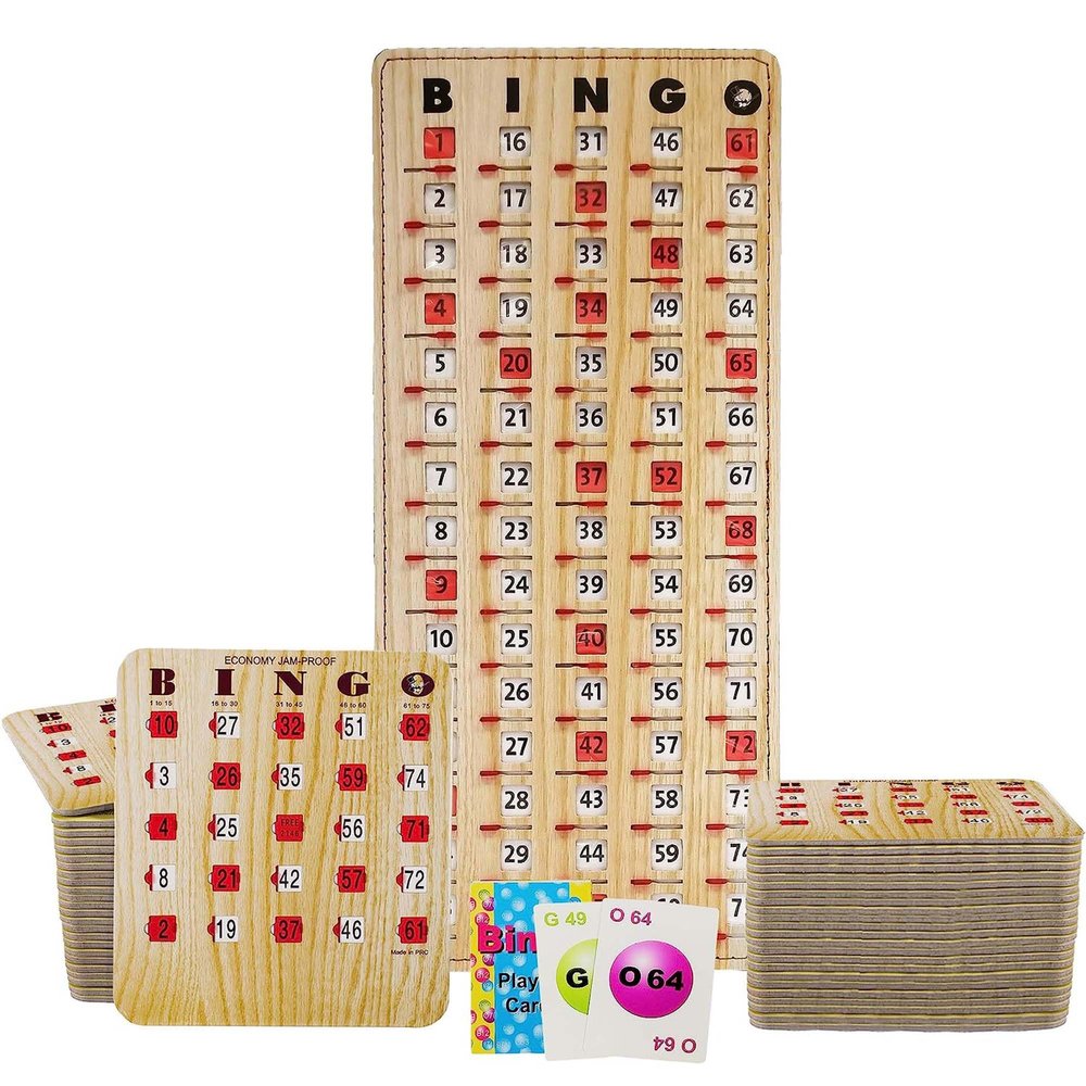 MR CHIPS Jam-Proof Bingo Cards with Sliding Windows, 50 Reusable Shutter Cards, 75 Calling Cards 1 Master Board in Tan Woodgrain Style