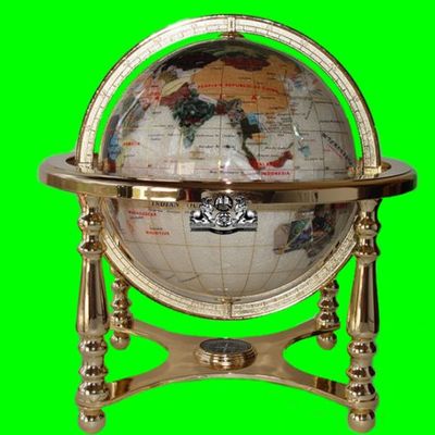 21" Tall Table Top Pearl Ocean Gemstone World Globe with 4 Leg Gold Stand