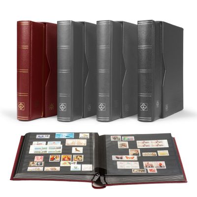 LIGHTHOUSE PREMIUM Bonded Leather Cover Stockbook for Stamps - 64 Black Cardstock A4 Pages with Clear Strips and Double Linen Hinges - Slipcase Included - Red