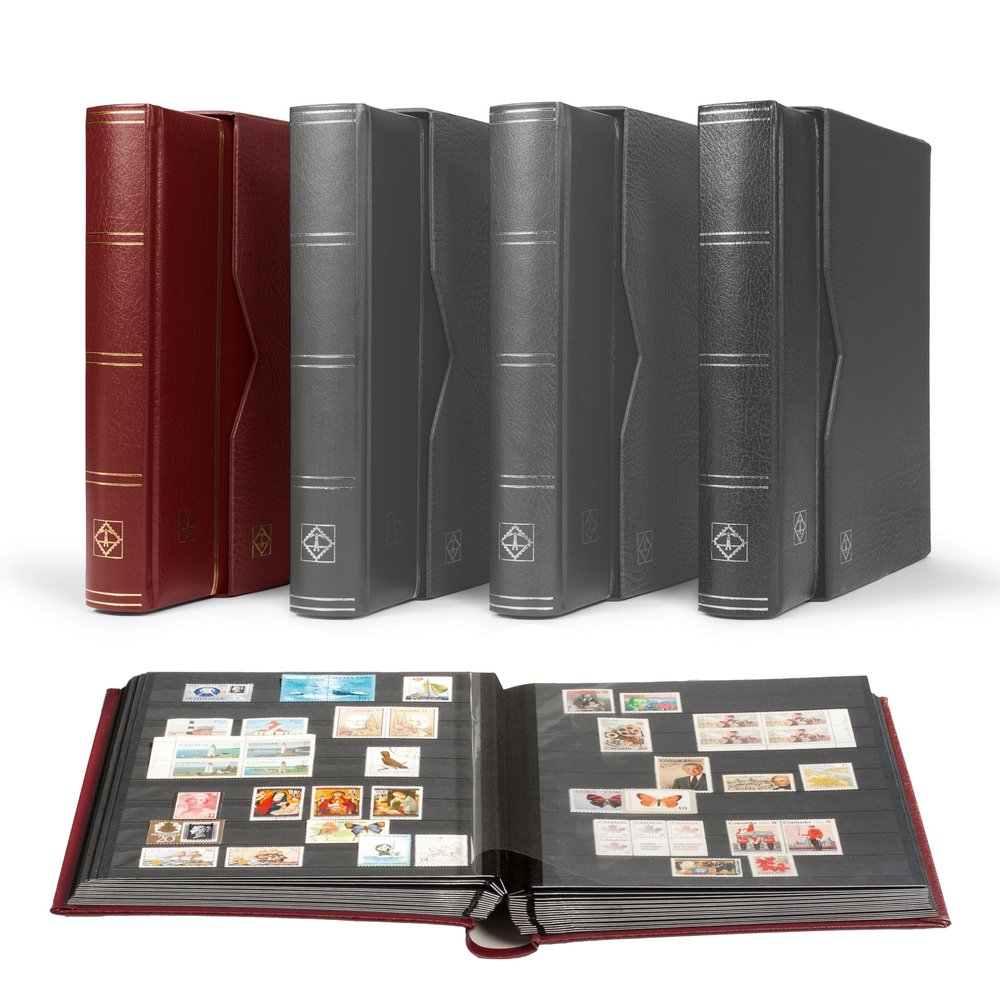 LIGHTHOUSE PREMIUM Bonded Leather Cover Stockbook for Stamps - 64 Black Cardstock A4 Pages with Clear Strips and Double Linen Hinges - Slipcase Included - Red