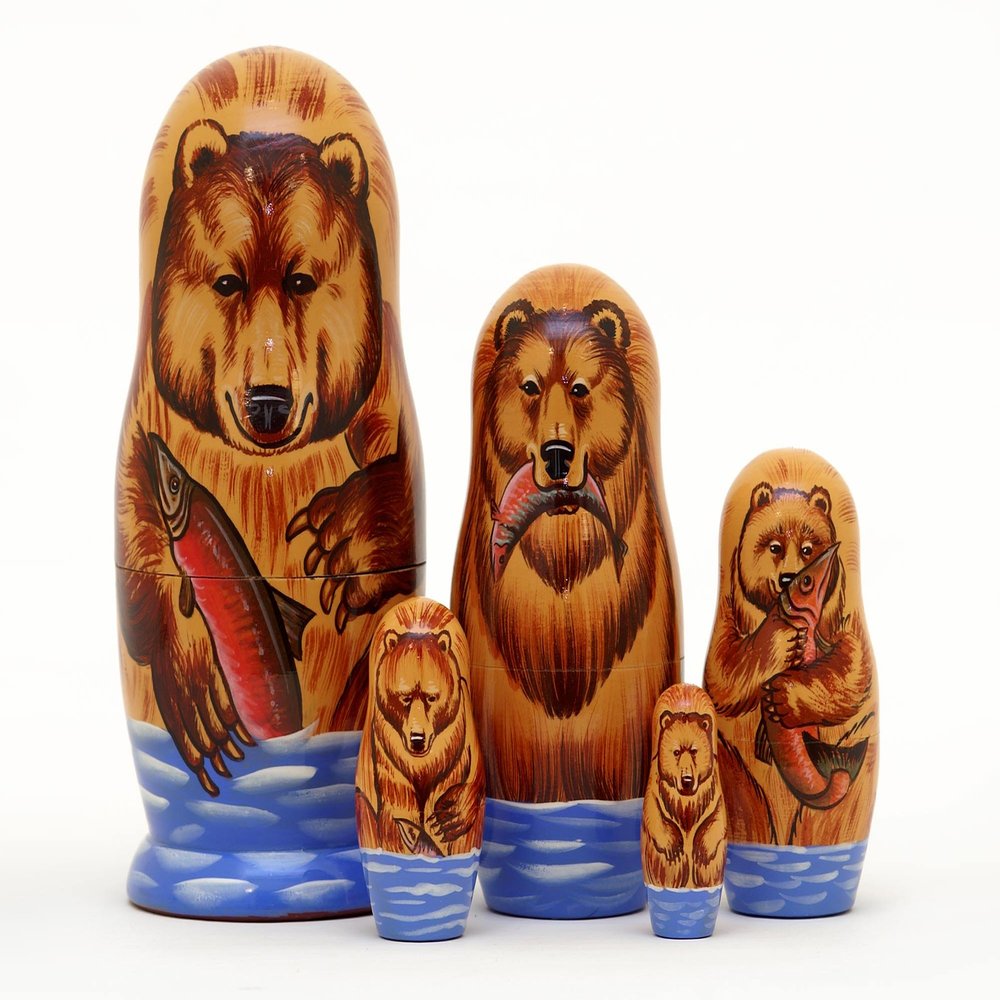 Golden Cockerel Brown Bear Russian Nesting Doll 5pc./6" Alaska Bear Fishing Matryoshka Wood Stacking Toy