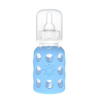 Lifefactory 4-Oz Glass Baby Bottle with Protective Silicone Sleeve and Stage 1 Nipple Sky Blue