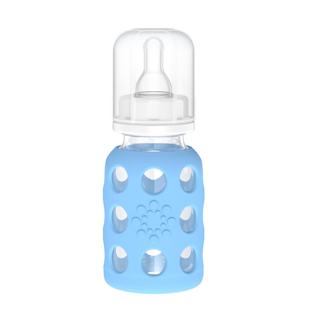 Lifefactory 4-Oz Glass Baby Bottle with Protective Silicone Sleeve and Stage 1 Nipple Sky Blue