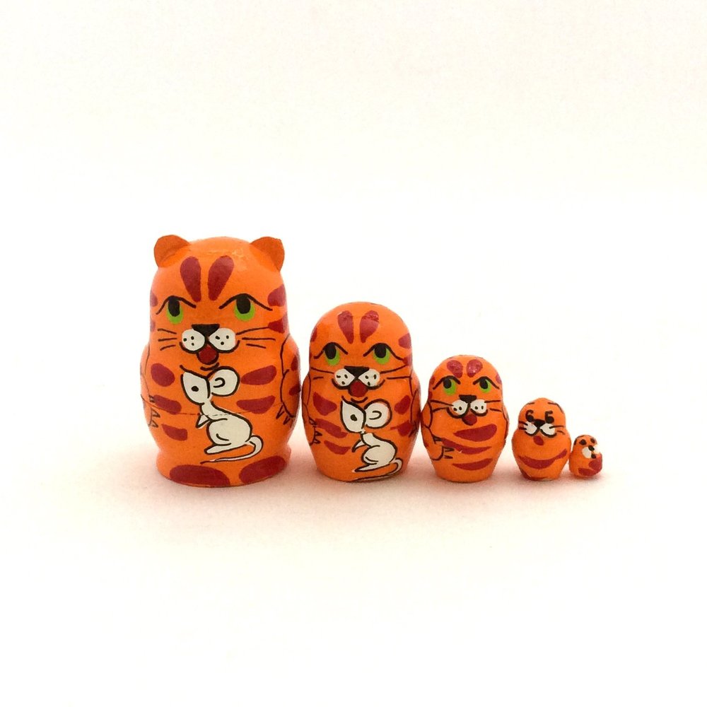 BuyRussianGifts Miniature 1.25" Small Orange Cat with Mouse MINI Nesting Dolls Russian Hand Carved Hand Painted 5 Piece ? The Smallest Matryoshka in The World