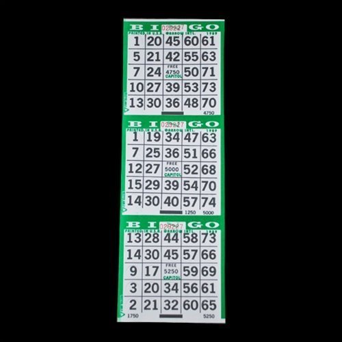 3 on Pushout Bingo Paper Game Cards - Green - 250 Sheets - 3.75 Inch by 10.75 Inch Size Disposable Sheet - No Duplicates - Made in USA
