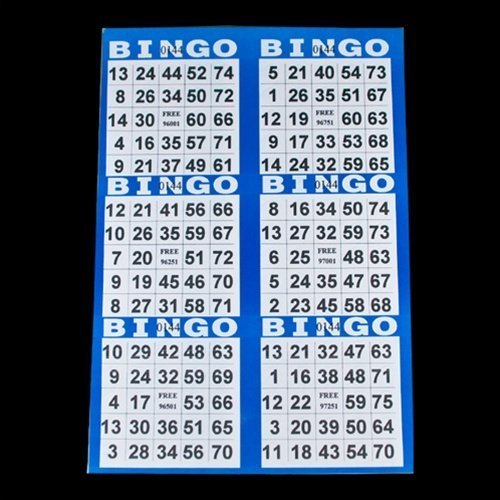 6 on Pushout Bingo Paper Game Cards - Blue - 250 sheets - 7.50 inch by 10.75 inch Size Disposable Sheet - No Duplicates - Made in USA