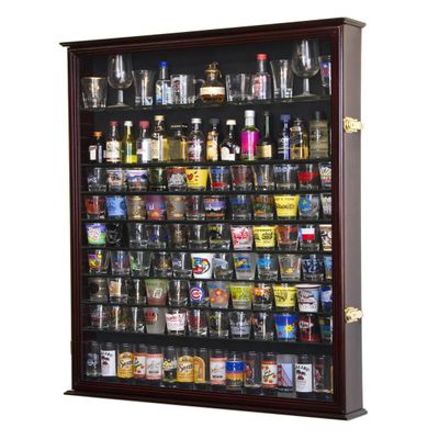 sfDisplay.com,LLC. XL Shot Glass Display Case Rack Holder Cabinet for Tall Shooter and Mini Liquor Bottle -Cherry