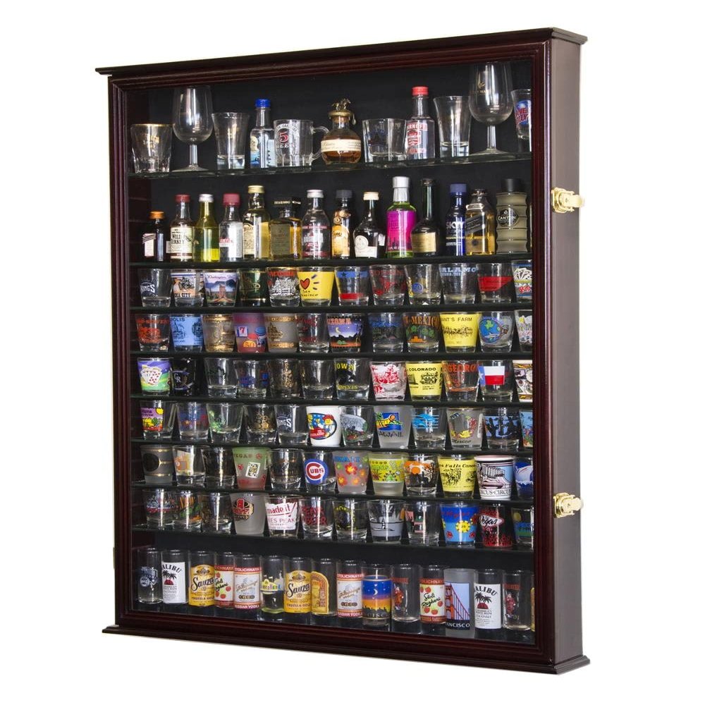 sfDisplay.com,LLC. XL Shot Glass Display Case Rack Holder Cabinet for Tall Shooter and Mini Liquor Bottle -Cherry