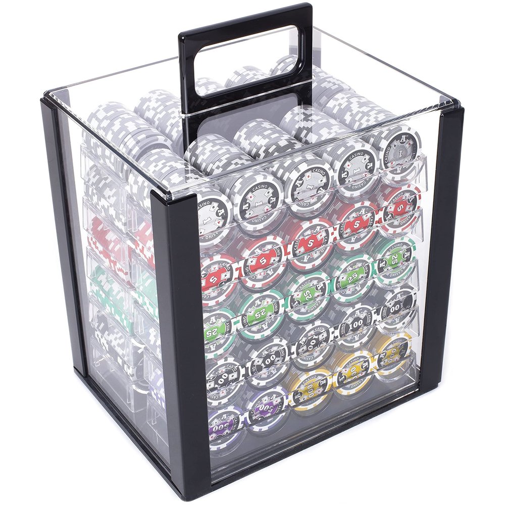 Brybelly Ace Casino Poker Chips Set - 1000 Heavyweight (14-Gram) Clay Composite Chips, Acrylic Display Case and Holders - Professional Supplies, Kits, Holders, & Storage Container
