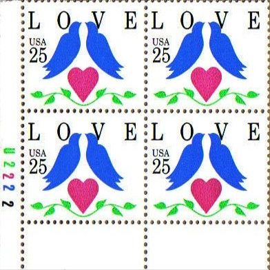 1990 LOVE BIRDS #2440 Plate Block of 4 x 25 cents US Postage Stamps
