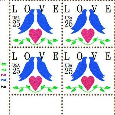 1990 LOVE BIRDS #2440 Plate Block of 4 x 25 cents US Postage Stamps