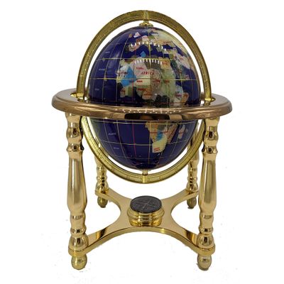 Unique Art Since 1996 10" Tall Blue Lapis Ocean Table Top World Map Gemstone Globe with 4-Leg Gold Stand