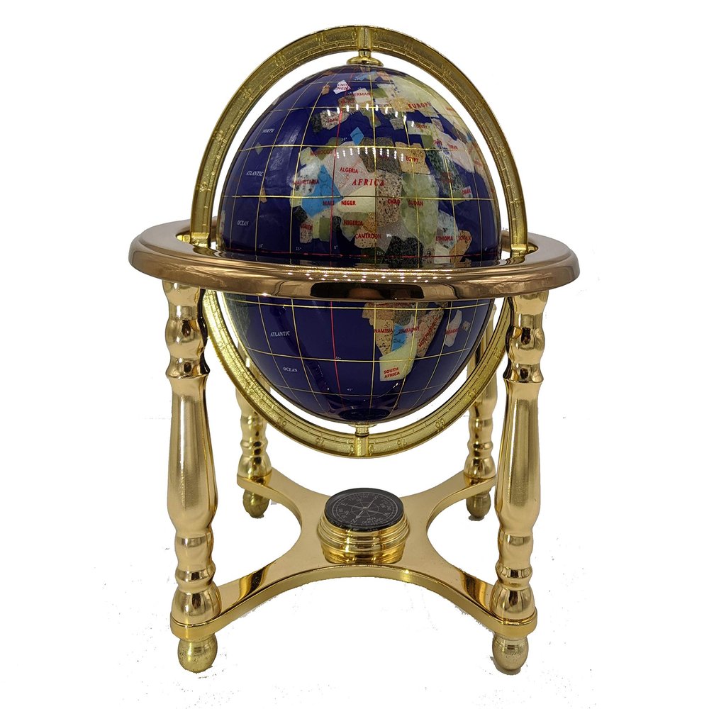 Unique Art Since 1996 10" Tall Blue Lapis Ocean Table Top World Map Gemstone Globe with 4-Leg Gold Stand
